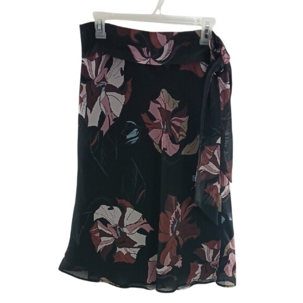 H&M Skirt Black Pink Floral Belted Midi Flowy Womens Size 10